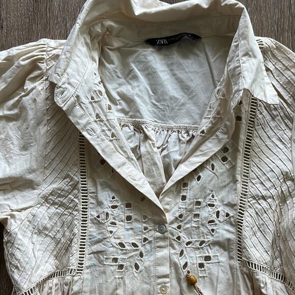 Zara Cream Belted Eyelet Embroidered Shirt Dress Size XS - Picture 4 of 5